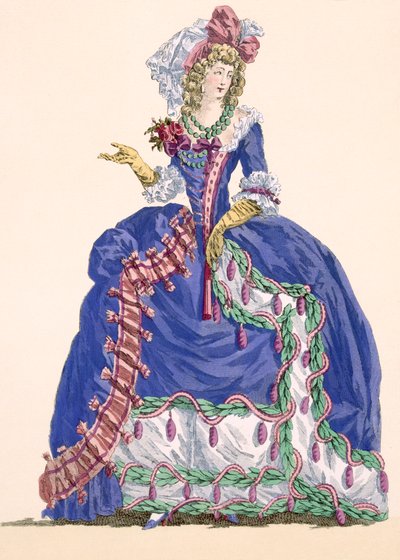 Uitgebreide hofkleding in elektrisch blauw met kwastjes, gegraveerd door Dupin, plaat nr. 275 uit 